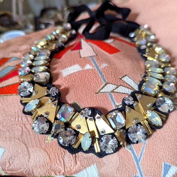 J. Crew Jewelry - JCrew Black Ribbon Rhinestone Statement Collar Necklace
